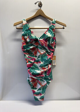 Kona Sol Swimsuit tropical palm leafs print tummy control one piece S (4-6) NEW
